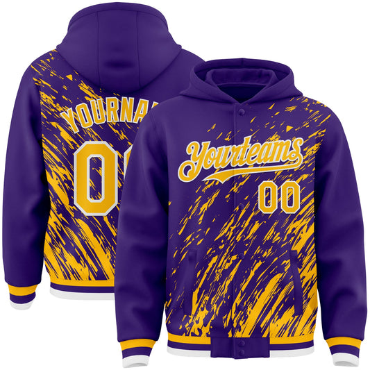 Custom Purple Gold-White 3D Pattern Design Bomber Full-Snap Varsity Letterman Hoodie Jacket - Main View