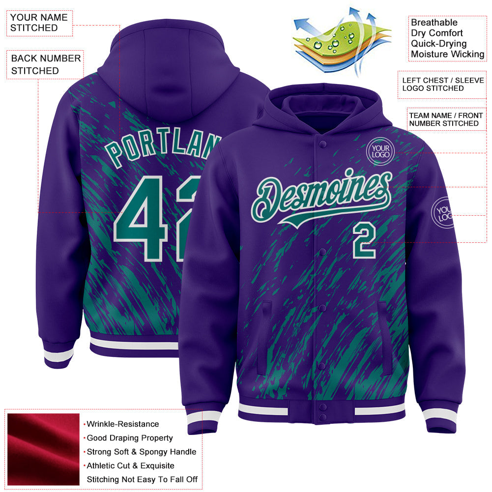 Custom Purple Teal-White 3D Pattern Design Bomber Full-Snap Varsity Letterman Hoodie Jacket view 4