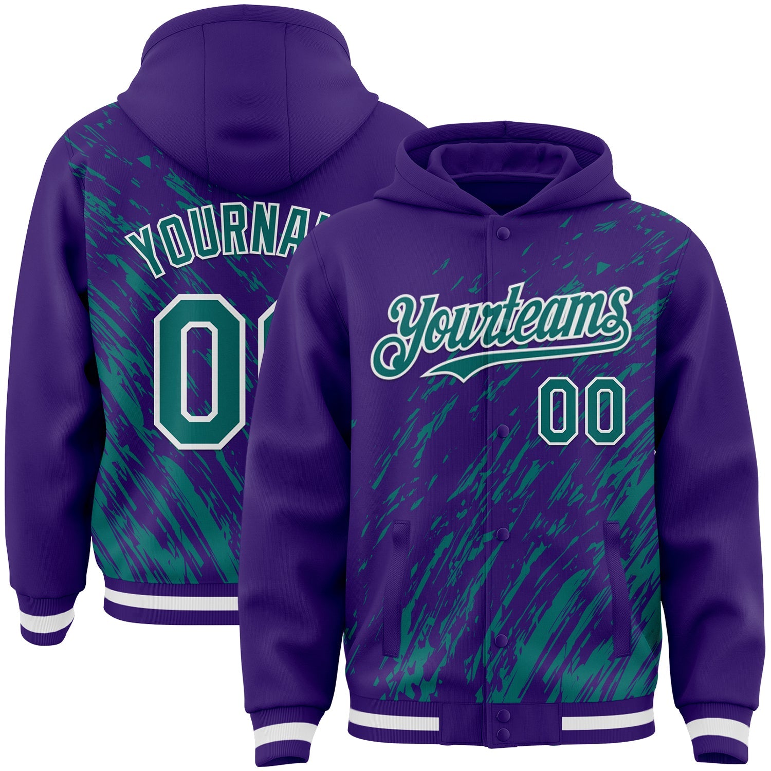 Custom Purple Teal-White 3D Pattern Design Bomber Full-Snap Varsity Letterman Hoodie Jacket - Main View