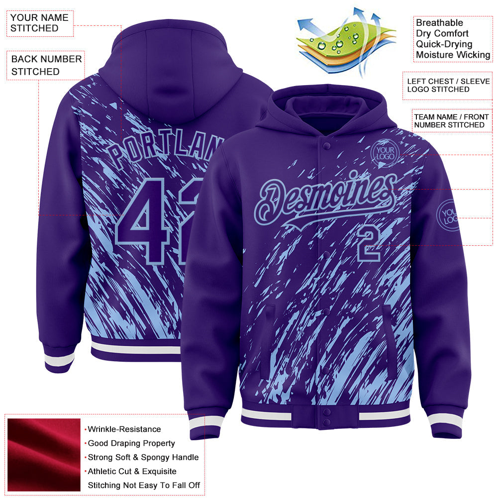 Custom Purple Purple-Light Blue 3D Pattern Design Bomber Full-Snap Varsity Letterman Hoodie Jacket view 4