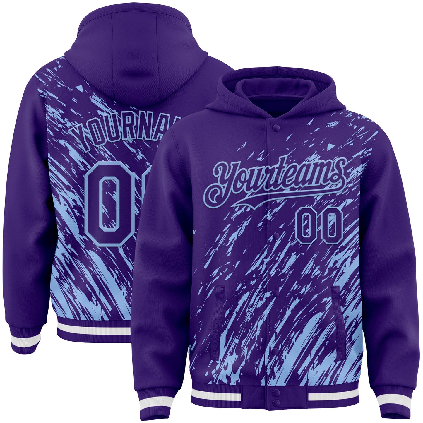 Custom Purple Purple-Light Blue 3D Pattern Design Bomber Full-Snap Varsity Letterman Hoodie Jacket - Main View