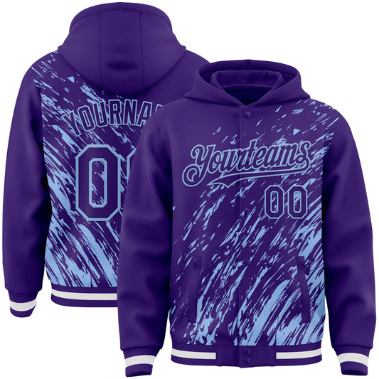 Custom Purple Purple-Light Blue 3D Pattern Design Bomber Full-Snap Varsity Letterman Hoodie Jacket - Main View