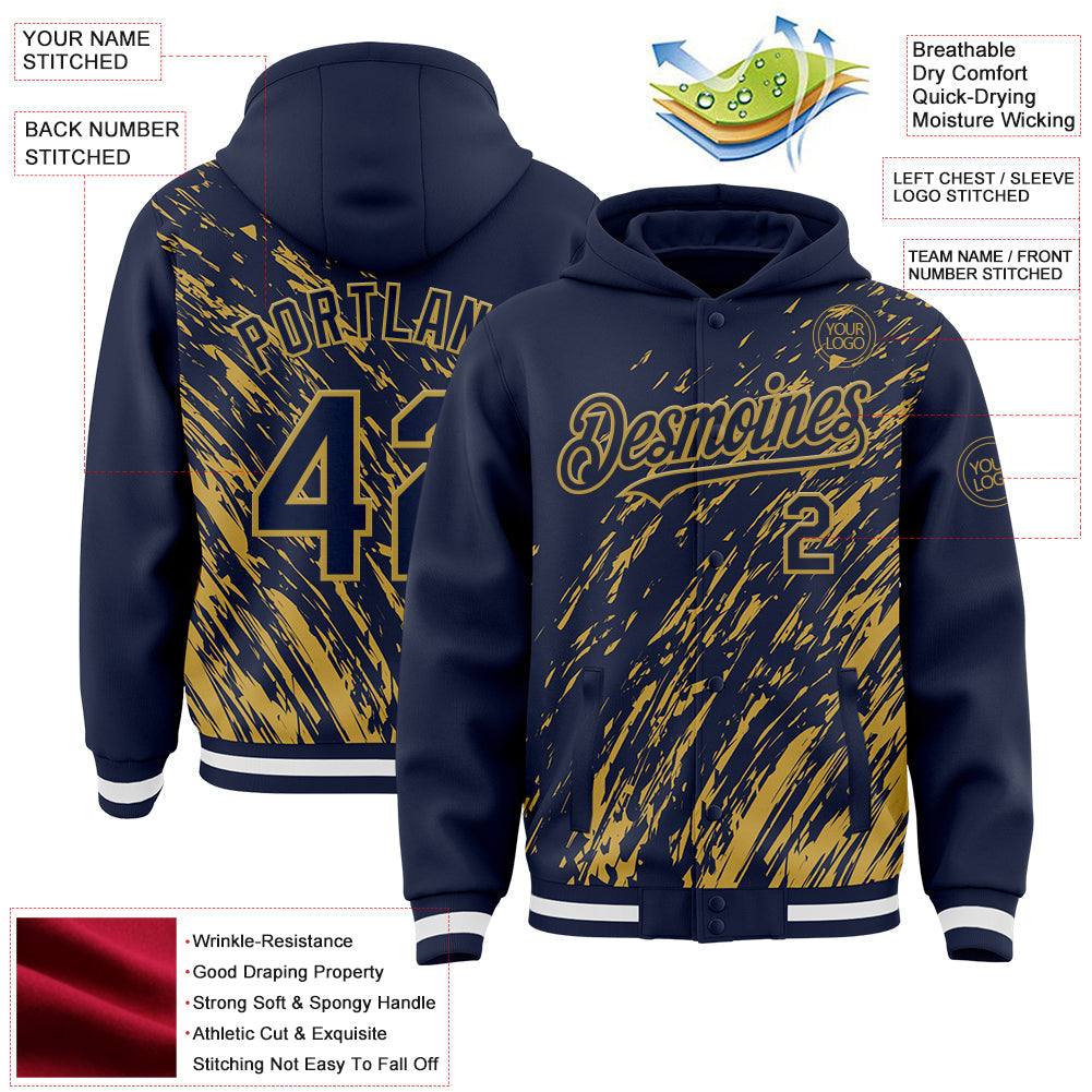 Custom Navy Navy-Old Gold 3D Pattern Design Bomber Full-Snap Varsity Letterman Hoodie Jacket view 4