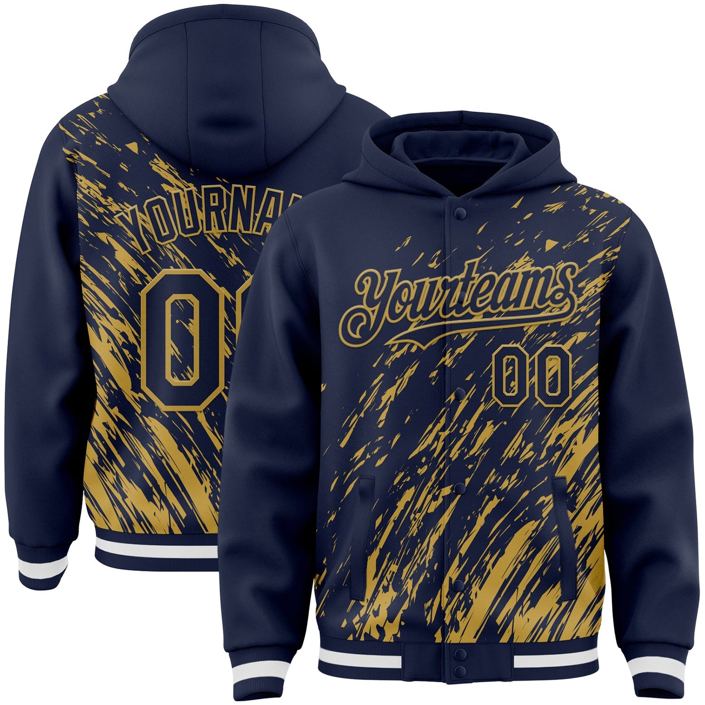 Custom Navy Navy-Old Gold 3D Pattern Design Bomber Full-Snap Varsity Letterman Hoodie Jacket - Main View