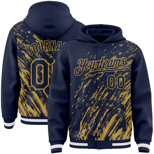 Custom Navy Navy-Old Gold 3D Pattern Design Bomber Full-Snap Varsity Letterman Hoodie Jacket - Main View