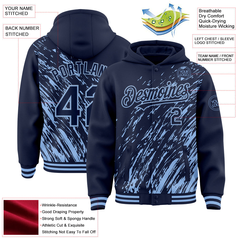 Custom Navy Navy-Light Blue 3D Pattern Design Bomber Full-Snap Varsity Letterman Hoodie Jacket view 4