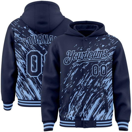 Custom Navy Navy-Light Blue 3D Pattern Design Bomber Full-Snap Varsity Letterman Hoodie Jacket - Main View