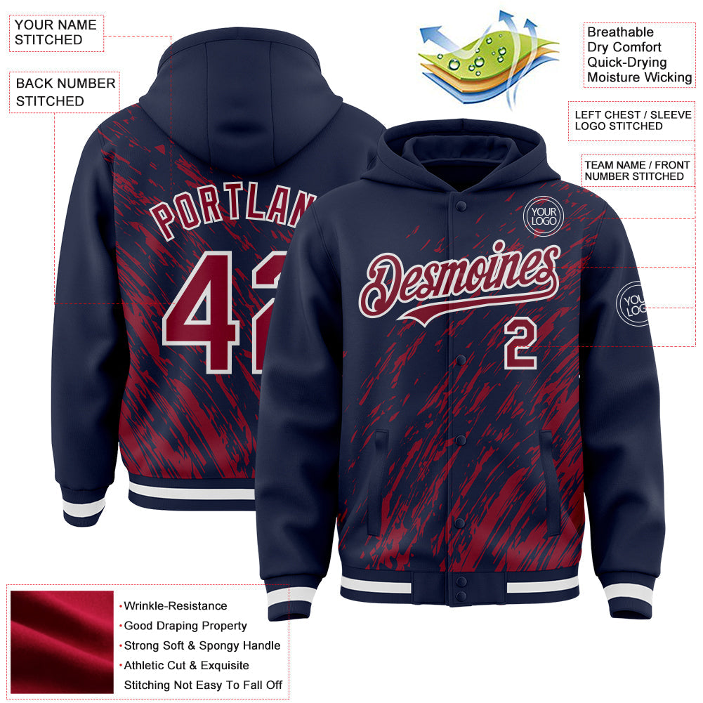 Custom Navy Crimson-White 3D Pattern Design Bomber Full-Snap Varsity Letterman Hoodie Jacket view 4