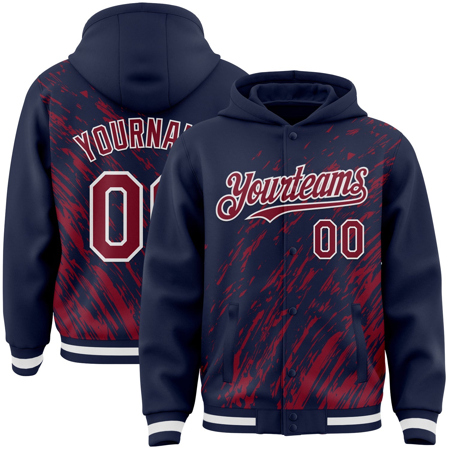 Custom Navy Crimson-White 3D Pattern Design Bomber Full-Snap Varsity Letterman Hoodie Jacket - Main View