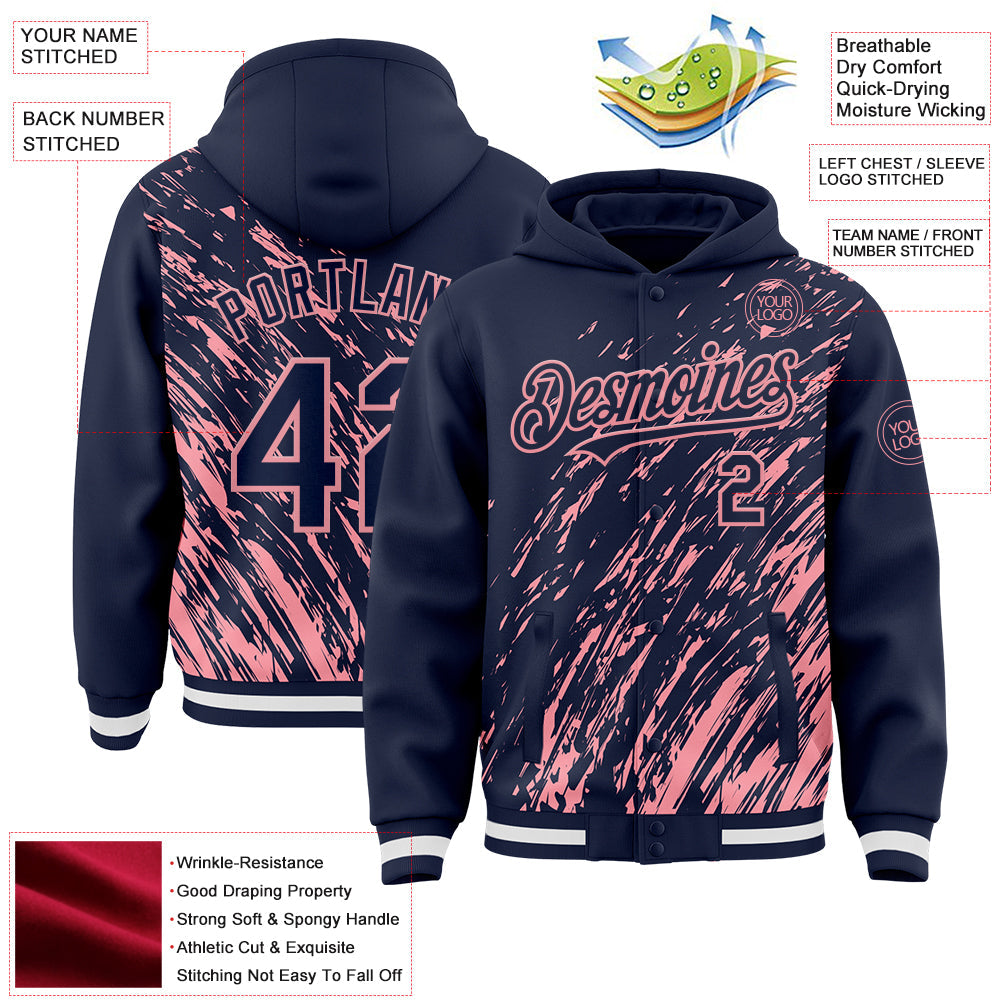 Custom Navy Navy-Medium Pink 3D Pattern Design Bomber Full-Snap Varsity Letterman Hoodie Jacket view 4