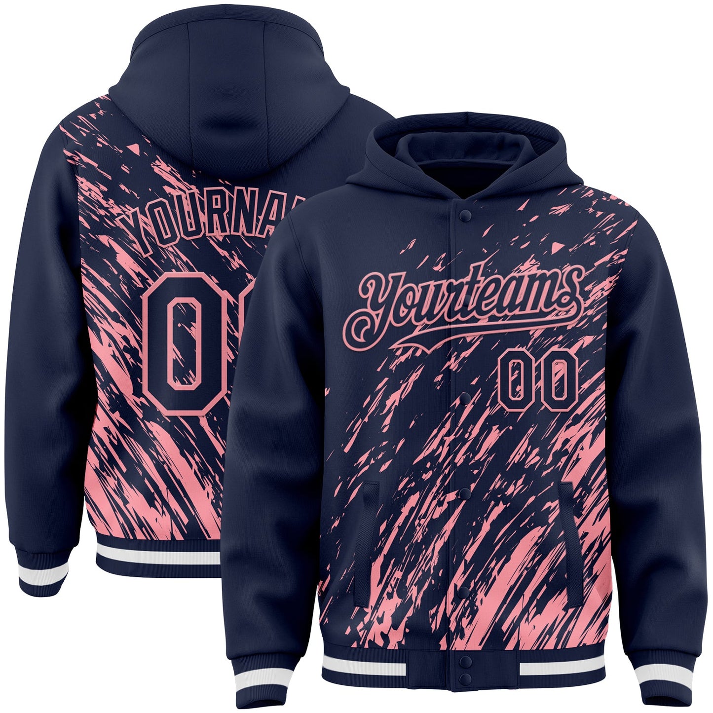 Custom Navy Navy-Medium Pink 3D Pattern Design Bomber Full-Snap Varsity Letterman Hoodie Jacket - Main View