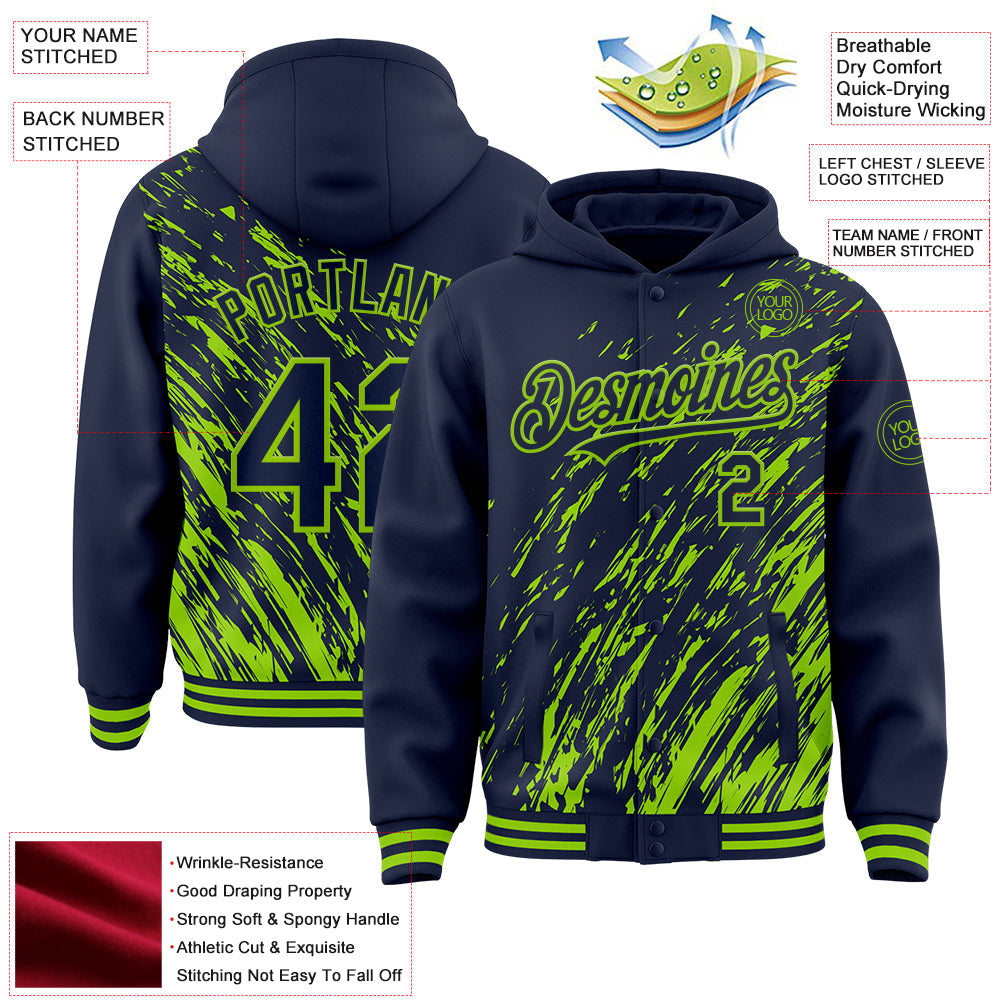Custom Navy Navy-Neon Green 3D Pattern Design Bomber Full-Snap Varsity Letterman Hoodie Jacket view 4