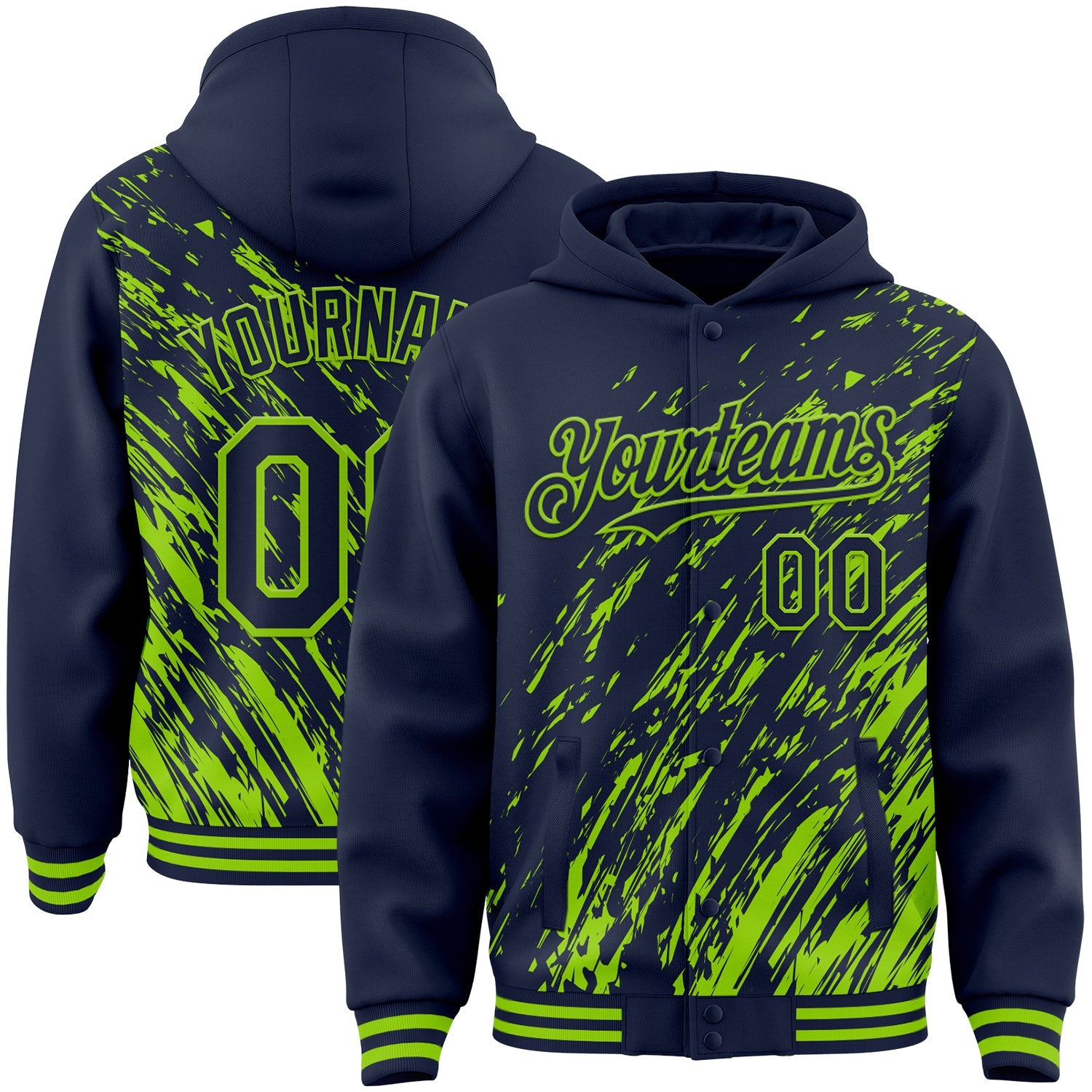 Custom Navy Navy-Neon Green 3D Pattern Design Bomber Full-Snap Varsity Letterman Hoodie Jacket - Main View