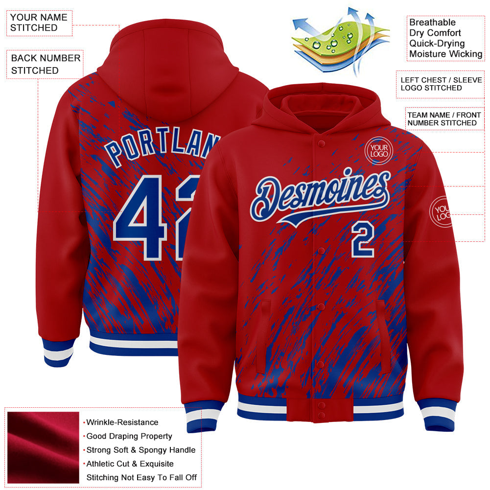 Custom Red Royal-White 3D Pattern Design Bomber Full-Snap Varsity Letterman Hoodie Jacket view 4