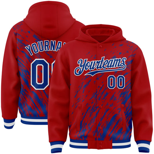 Custom Red Royal-White 3D Pattern Design Bomber Full-Snap Varsity Letterman Hoodie Jacket - Main View