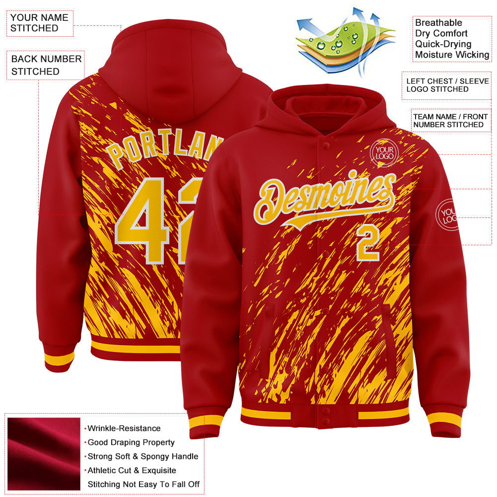 Custom Red Gold-White 3D Pattern Design Bomber Full-Snap Varsity Letterman Hoodie Jacket view 4