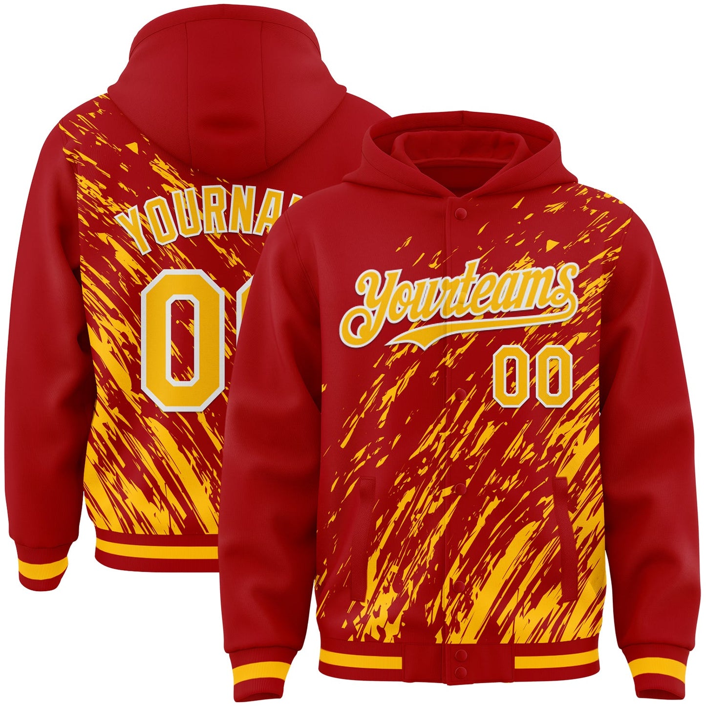Custom Red Gold-White 3D Pattern Design Bomber Full-Snap Varsity Letterman Hoodie Jacket - Main View
