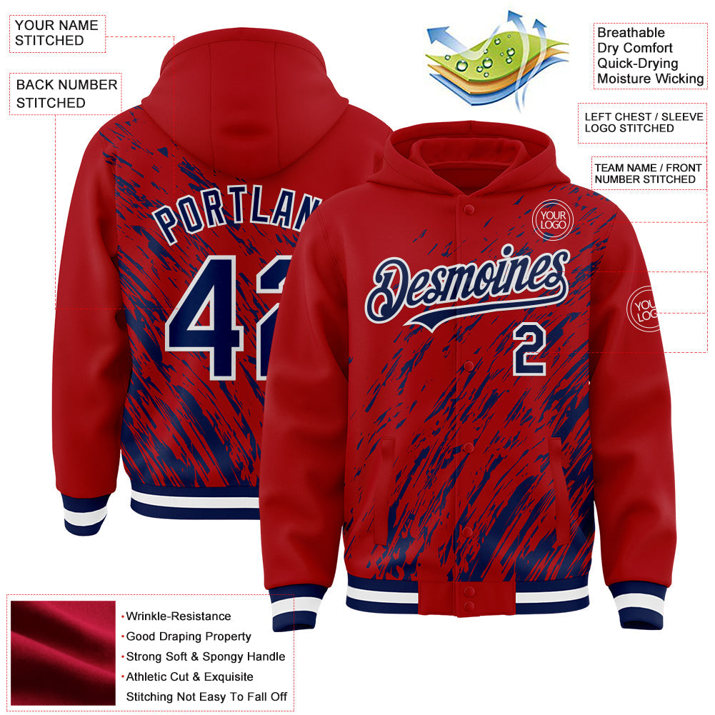 Custom Red Navy-White 3D Pattern Design Bomber Full-Snap Varsity Letterman Hoodie Jacket view 4