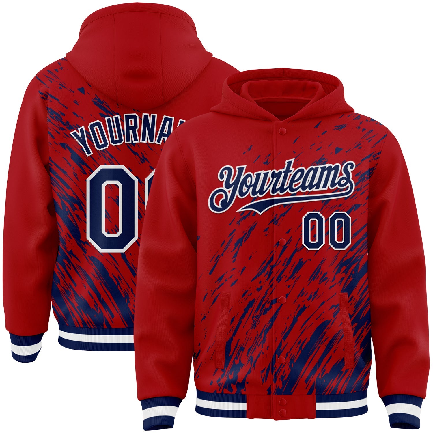 Custom Red Navy-White 3D Pattern Design Bomber Full-Snap Varsity Letterman Hoodie Jacket - Main View