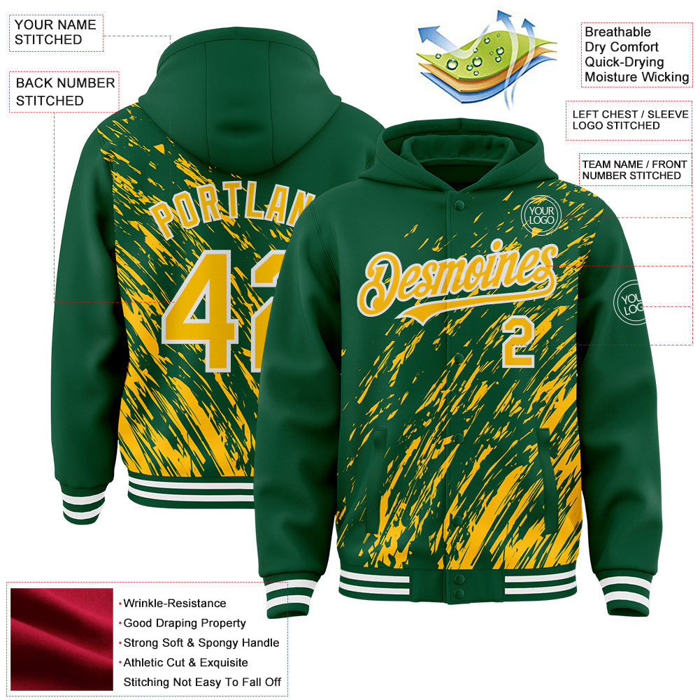 Custom Kelly Green Gold-White 3D Pattern Design Bomber Full-Snap Varsity Letterman Hoodie Jacket view 4
