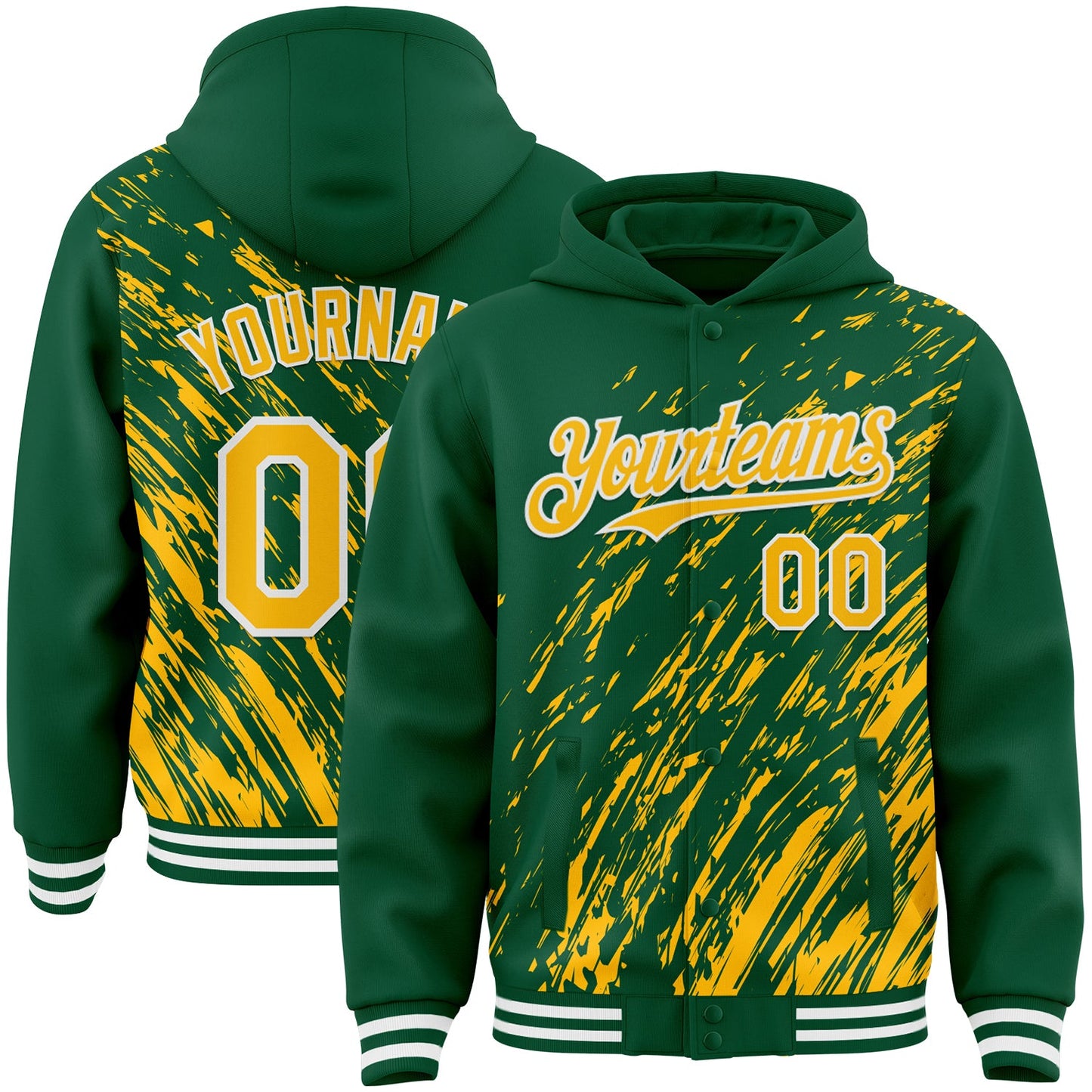 Custom Kelly Green Gold-White 3D Pattern Design Bomber Full-Snap Varsity Letterman Hoodie Jacket - Main View