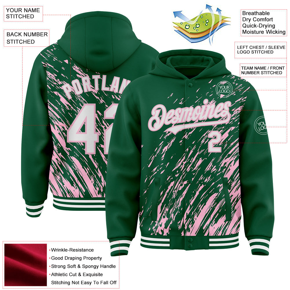 Custom Kelly Green White-Light Pink 3D Pattern Design Bomber Full-Snap Varsity Letterman Hoodie Jacket view 4