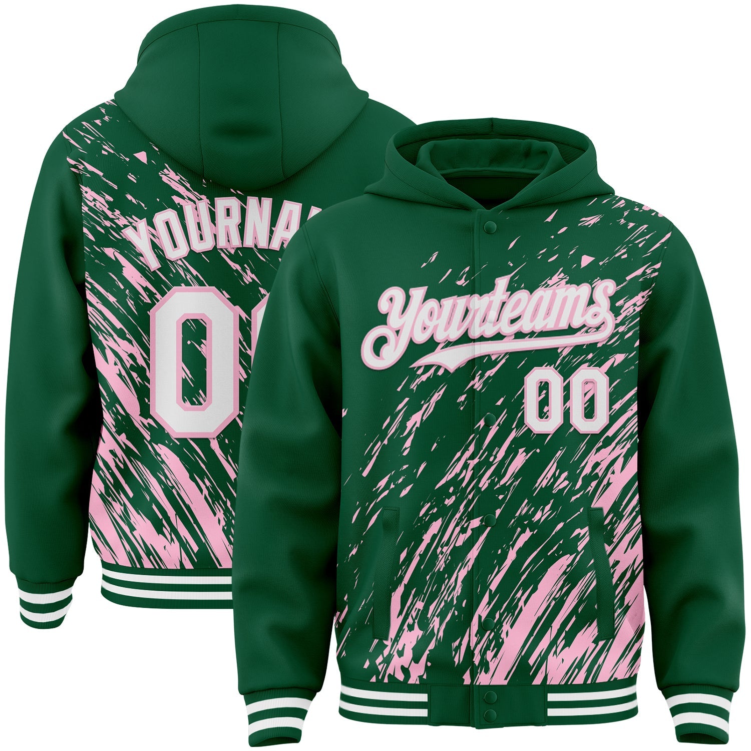 Custom Kelly Green White-Light Pink 3D Pattern Design Bomber Full-Snap Varsity Letterman Hoodie Jacket - Main View