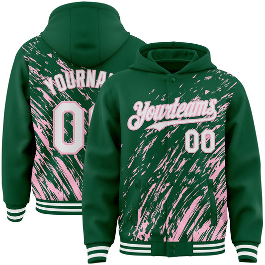Custom Kelly Green White-Light Pink 3D Pattern Design Bomber Full-Snap Varsity Letterman Hoodie Jacket - Main View