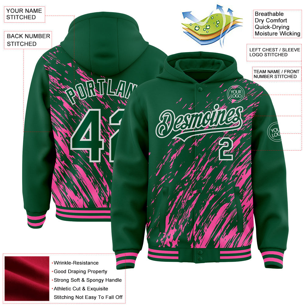 Custom Pink Kelly Green-White 3D Pattern Design Bomber Full-Snap Varsity Letterman Hoodie Jacket view 4