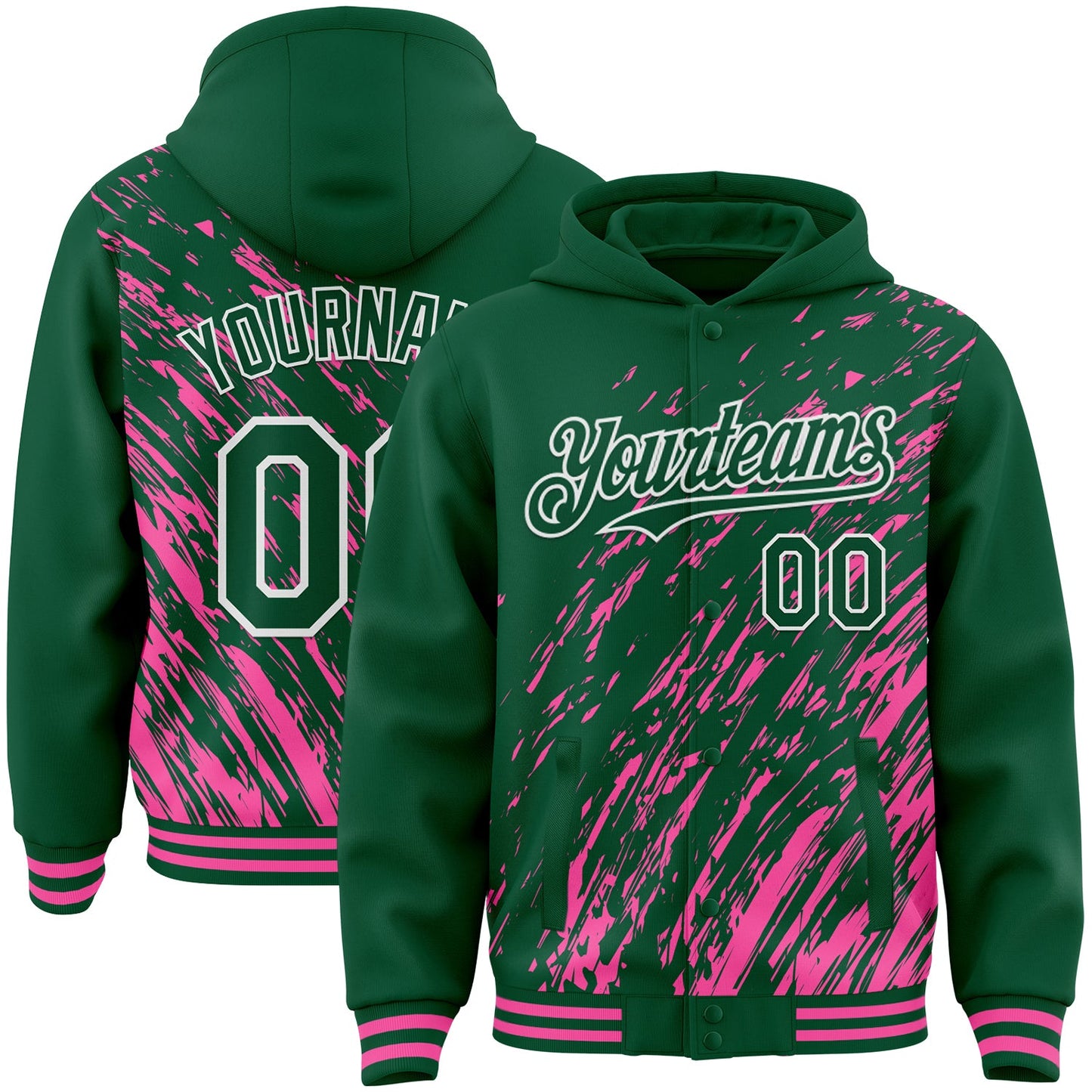 Custom Pink Kelly Green-White 3D Pattern Design Bomber Full-Snap Varsity Letterman Hoodie Jacket - Main View
