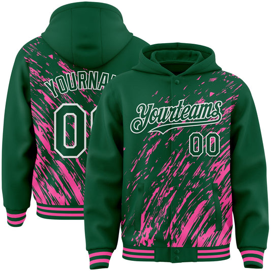 Custom Pink Kelly Green-White 3D Pattern Design Bomber Full-Snap Varsity Letterman Hoodie Jacket - Main View