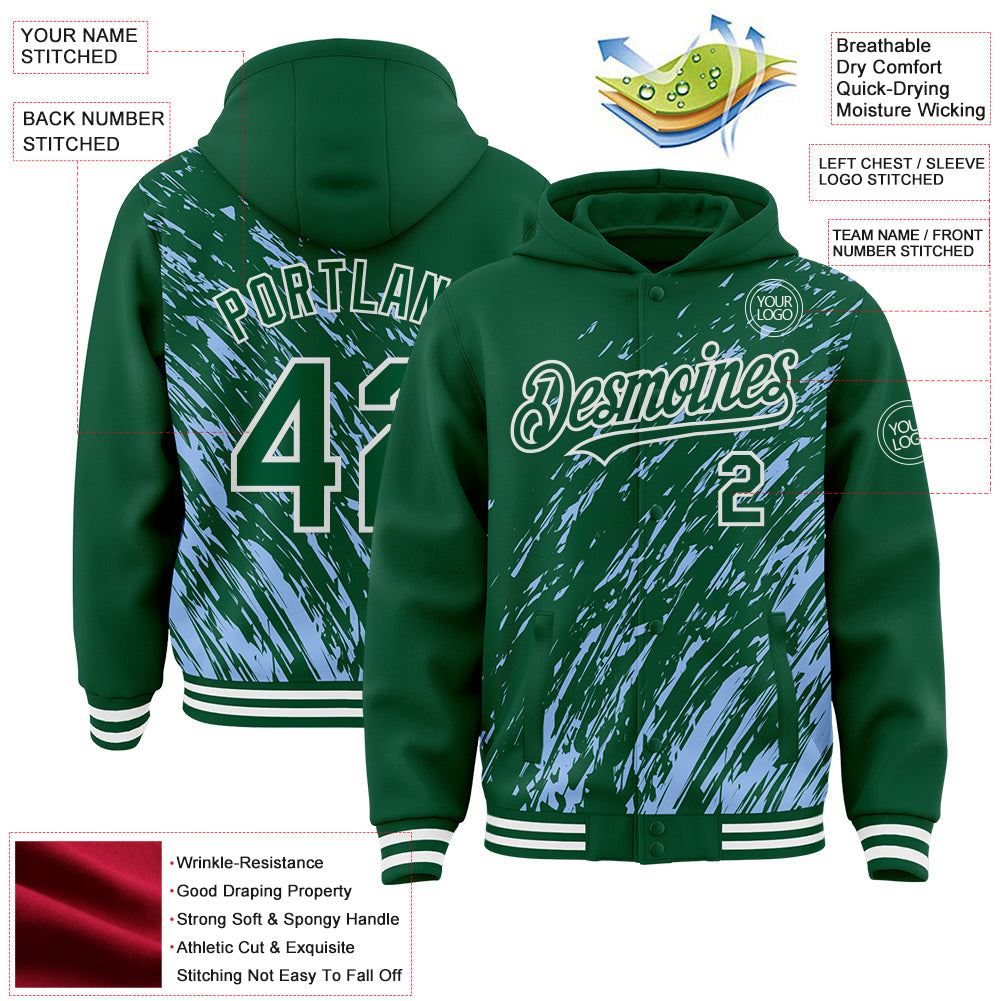 Custom Light Blue Kelly Green-White 3D Pattern Design Bomber Full-Snap Varsity Letterman Hoodie Jacket view 4