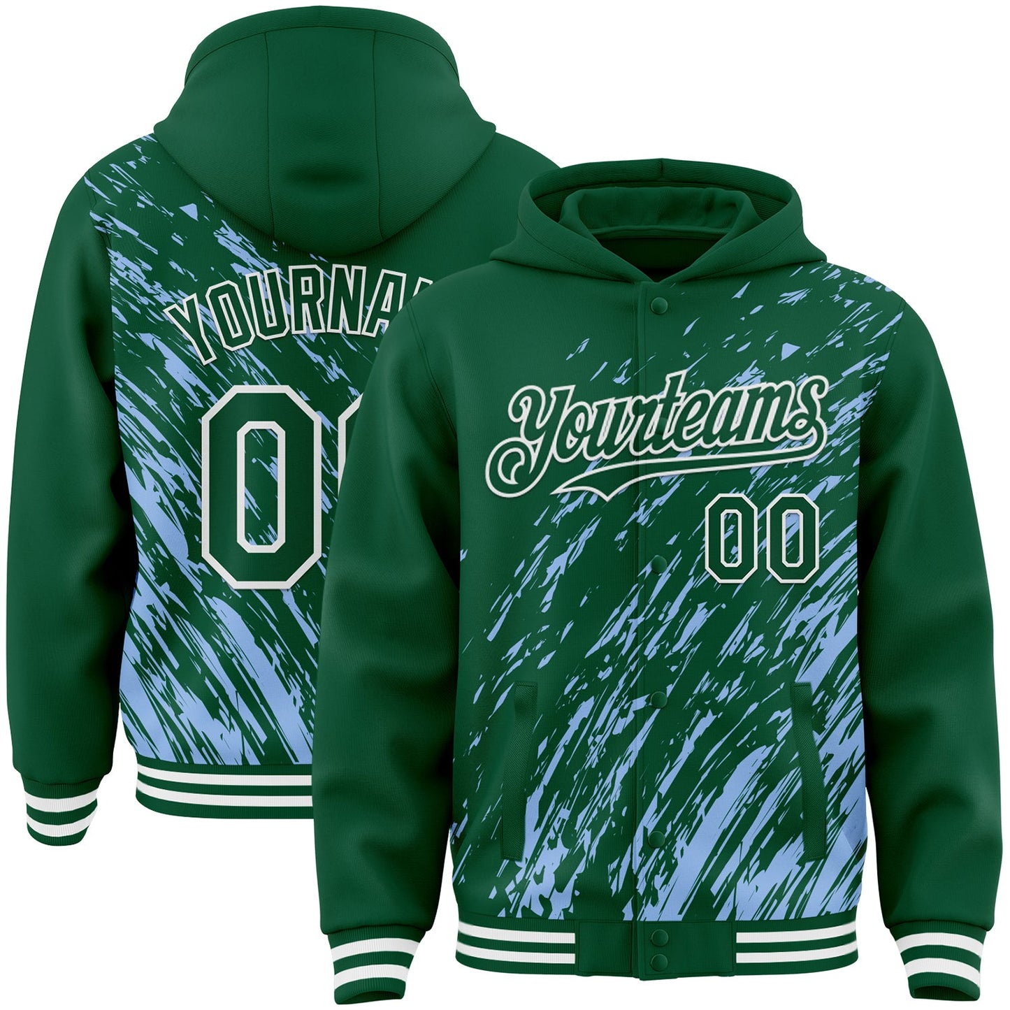 Custom Light Blue Kelly Green-White 3D Pattern Design Bomber Full-Snap Varsity Letterman Hoodie Jacket - Main View