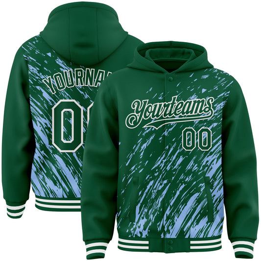 Custom Light Blue Kelly Green-White 3D Pattern Design Bomber Full-Snap Varsity Letterman Hoodie Jacket - Main View