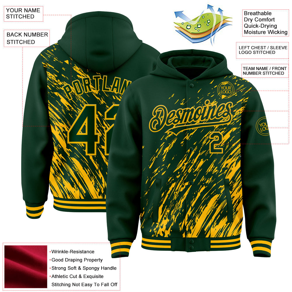 Custom Green Green-Gold 3D Pattern Design Bomber Full-Snap Varsity Letterman Hoodie Jacket view 4