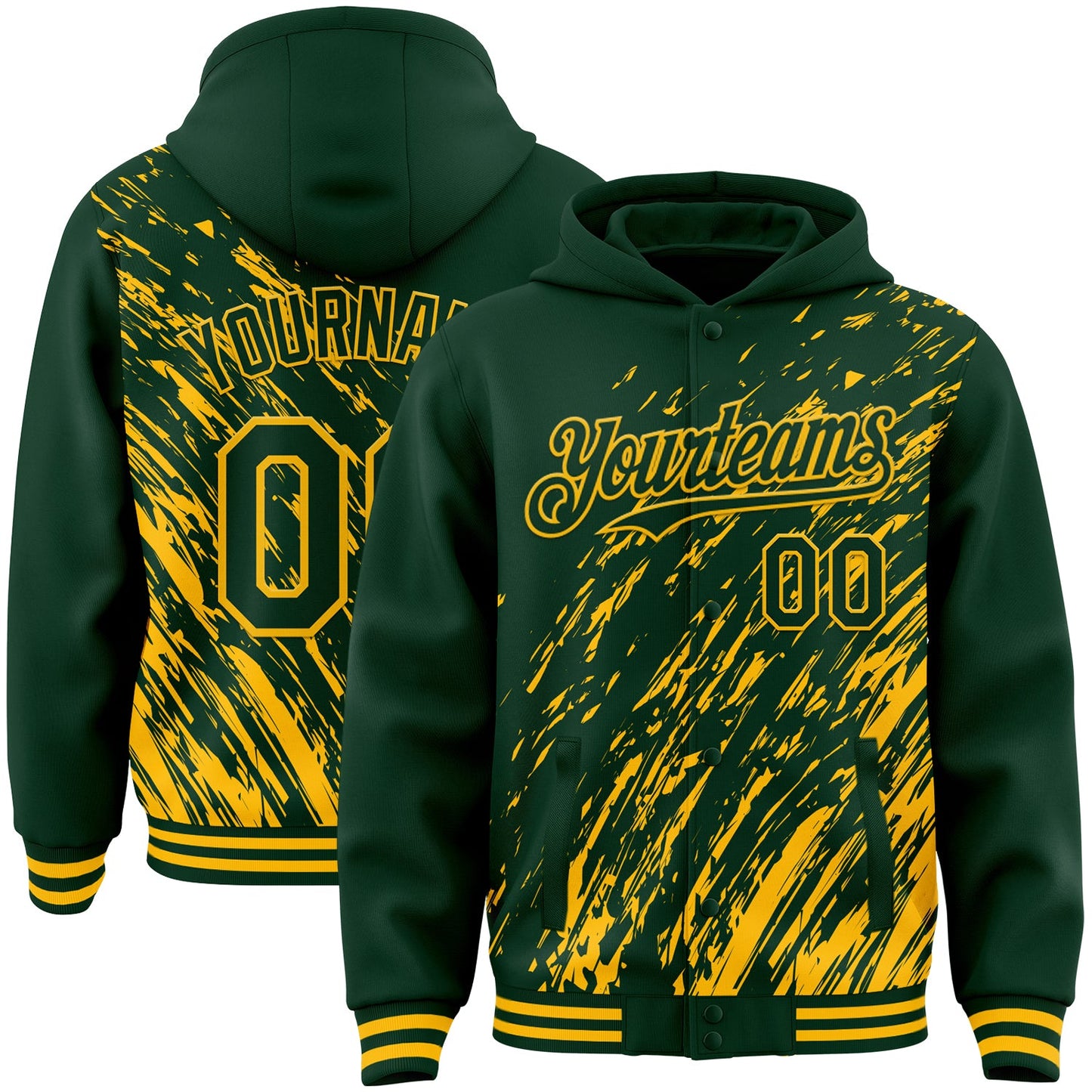 Custom Green Green-Gold 3D Pattern Design Bomber Full-Snap Varsity Letterman Hoodie Jacket - Main View