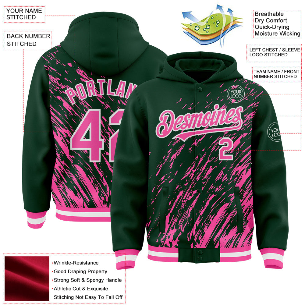 Custom Kelly Green Pink-White 3D Pattern Design Bomber Full-Snap Varsity Letterman Hoodie Jacket view 4