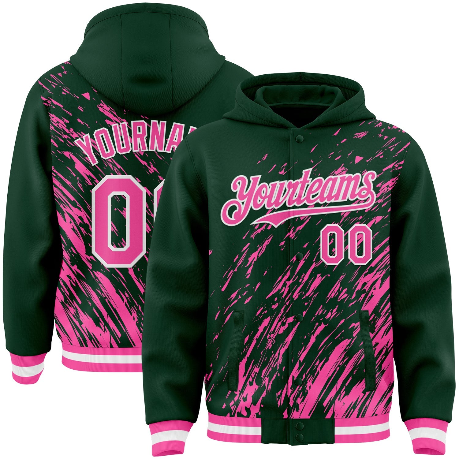 Custom Kelly Green Pink-White 3D Pattern Design Bomber Full-Snap Varsity Letterman Hoodie Jacket - Main View