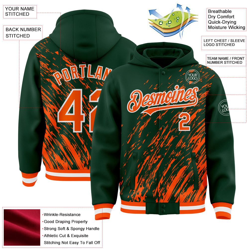 Custom Green Orange-White 3D Pattern Design Bomber Full-Snap Varsity Letterman Hoodie Jacket view 4