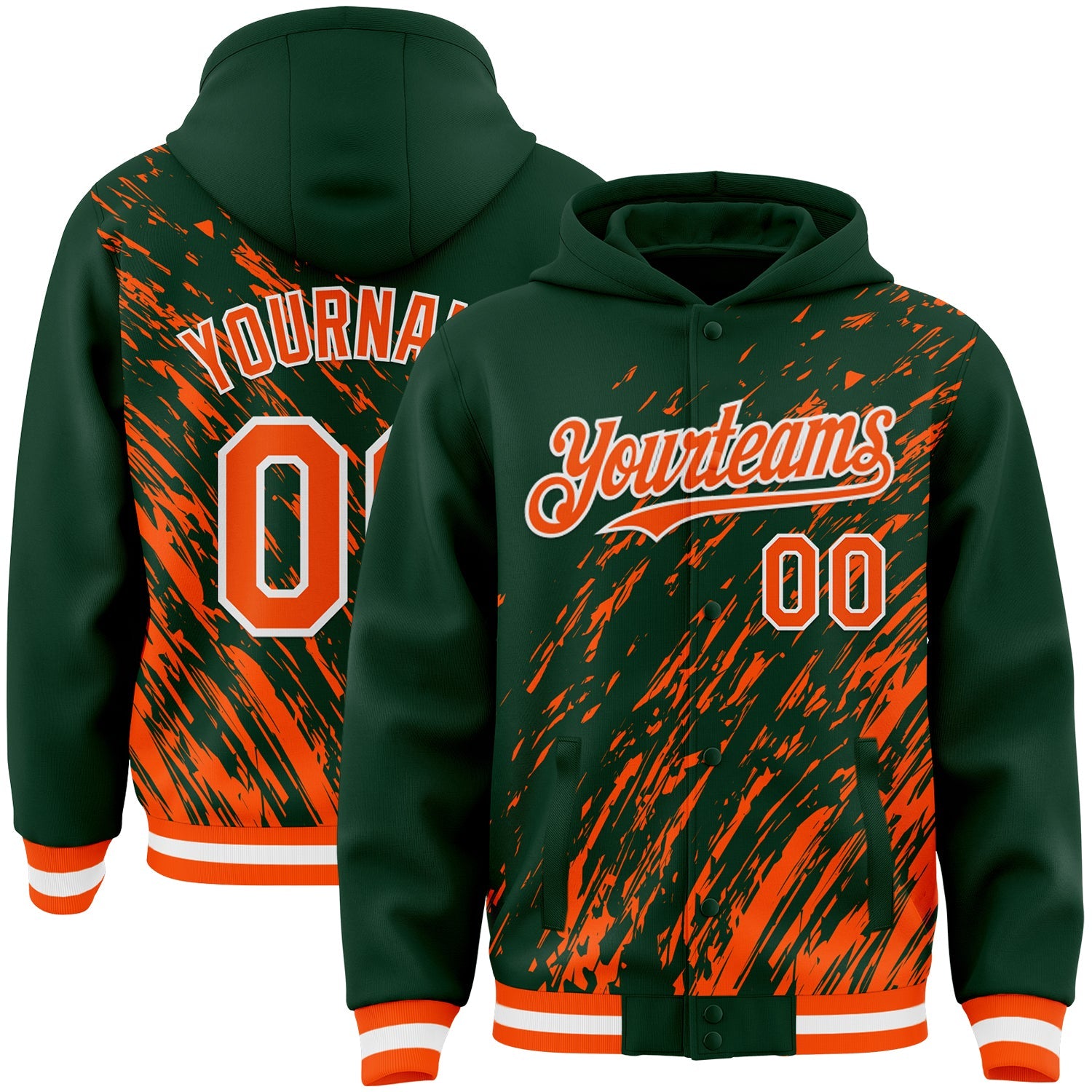Custom Green Orange-White 3D Pattern Design Bomber Full-Snap Varsity Letterman Hoodie Jacket - Main View