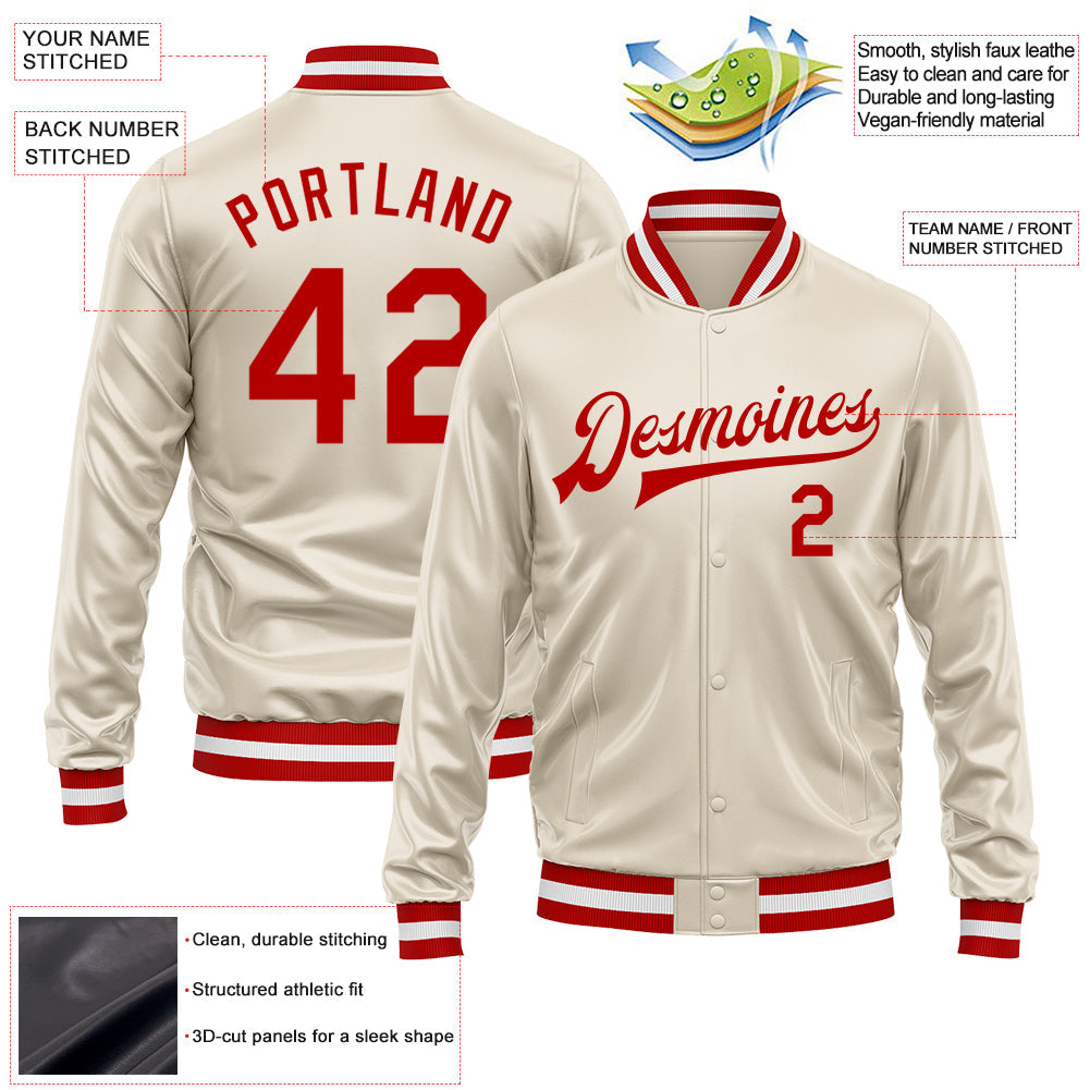 Custom Cream Red Bomber Full-Snap Varsity Faux Leather Letterman Jacket view 2