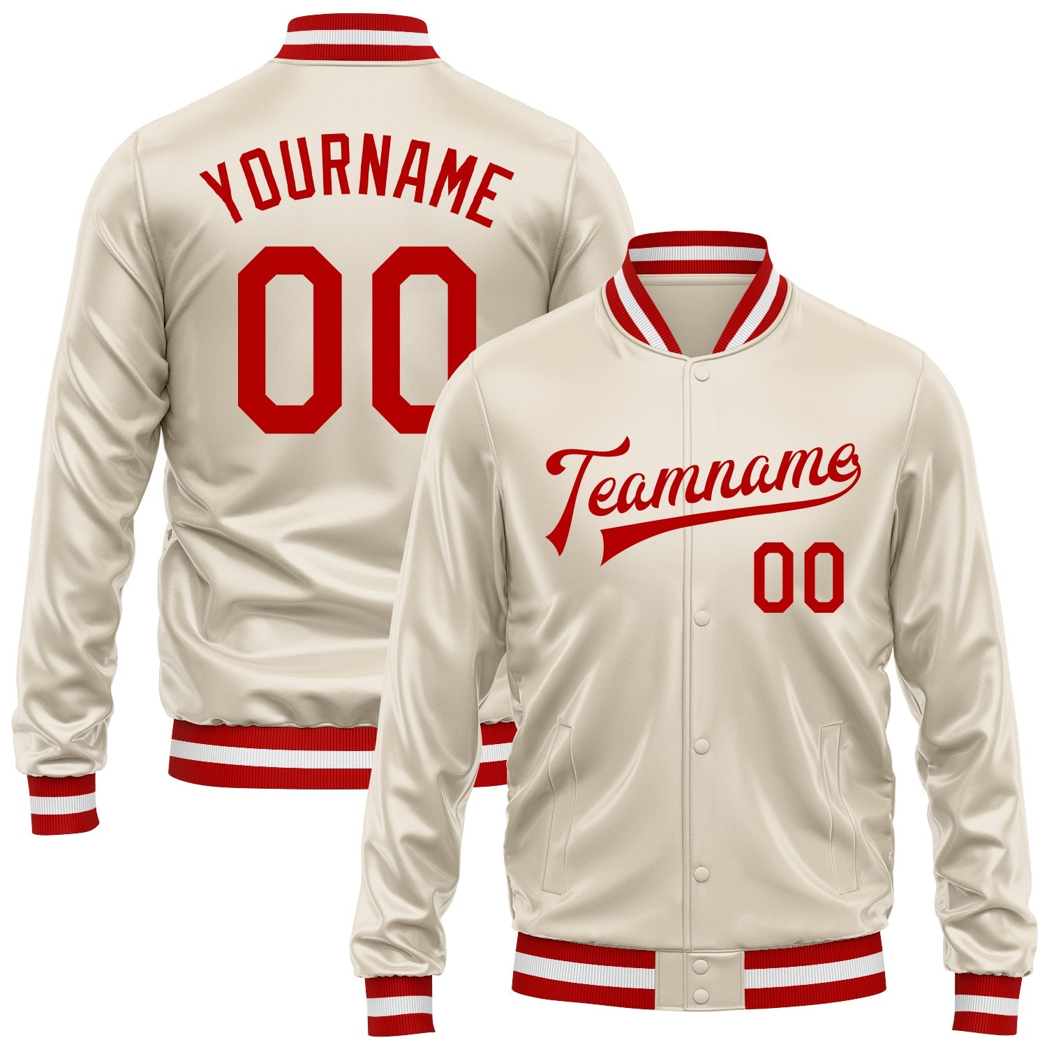 Custom Cream Red Bomber Full-Snap Varsity Faux Leather Letterman Jacket - Main View