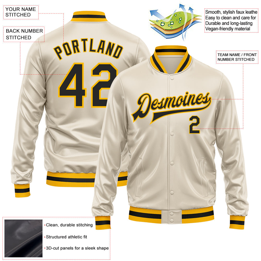 Custom Cream Black-Gold Bomber Full-Snap Varsity Faux Leather Letterman Jacket view 2