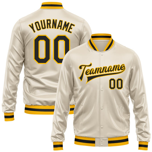 Custom Cream Black-Gold Bomber Full-Snap Varsity Faux Leather Letterman Jacket - Main View