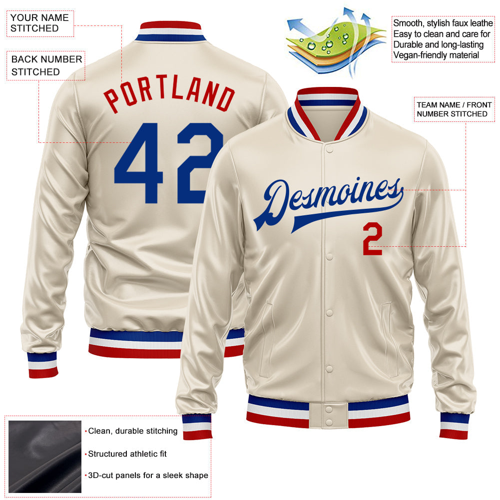 Custom Cream Royal-Red Bomber Full-Snap Varsity Faux Leather Letterman Jacket view 2