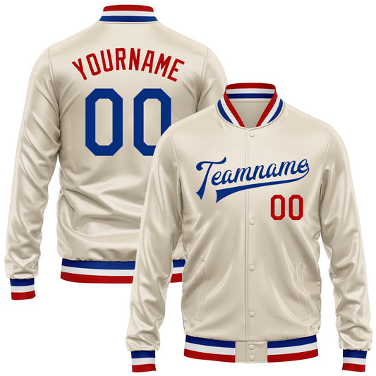 Custom Cream Royal-Red Bomber Full-Snap Varsity Faux Leather Letterman Jacket - Main View