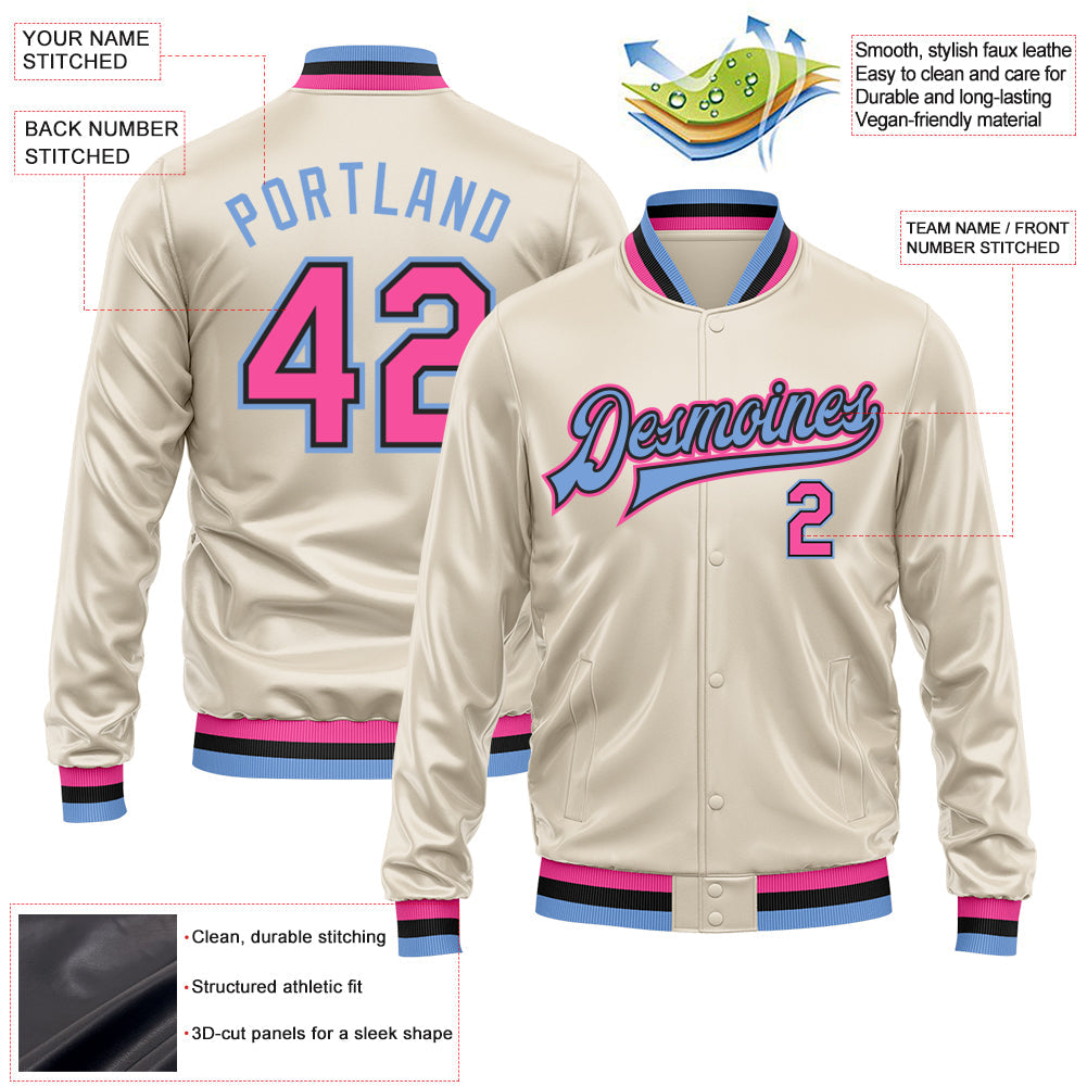 Custom Cream Pink Light Blue-Black Bomber Full-Snap Varsity Faux Leather Letterman Jacket view 2