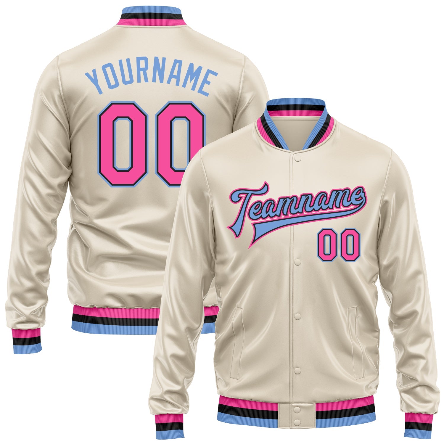 Custom Cream Pink Light Blue-Black Bomber Full-Snap Varsity Faux Leather Letterman Jacket - Main View