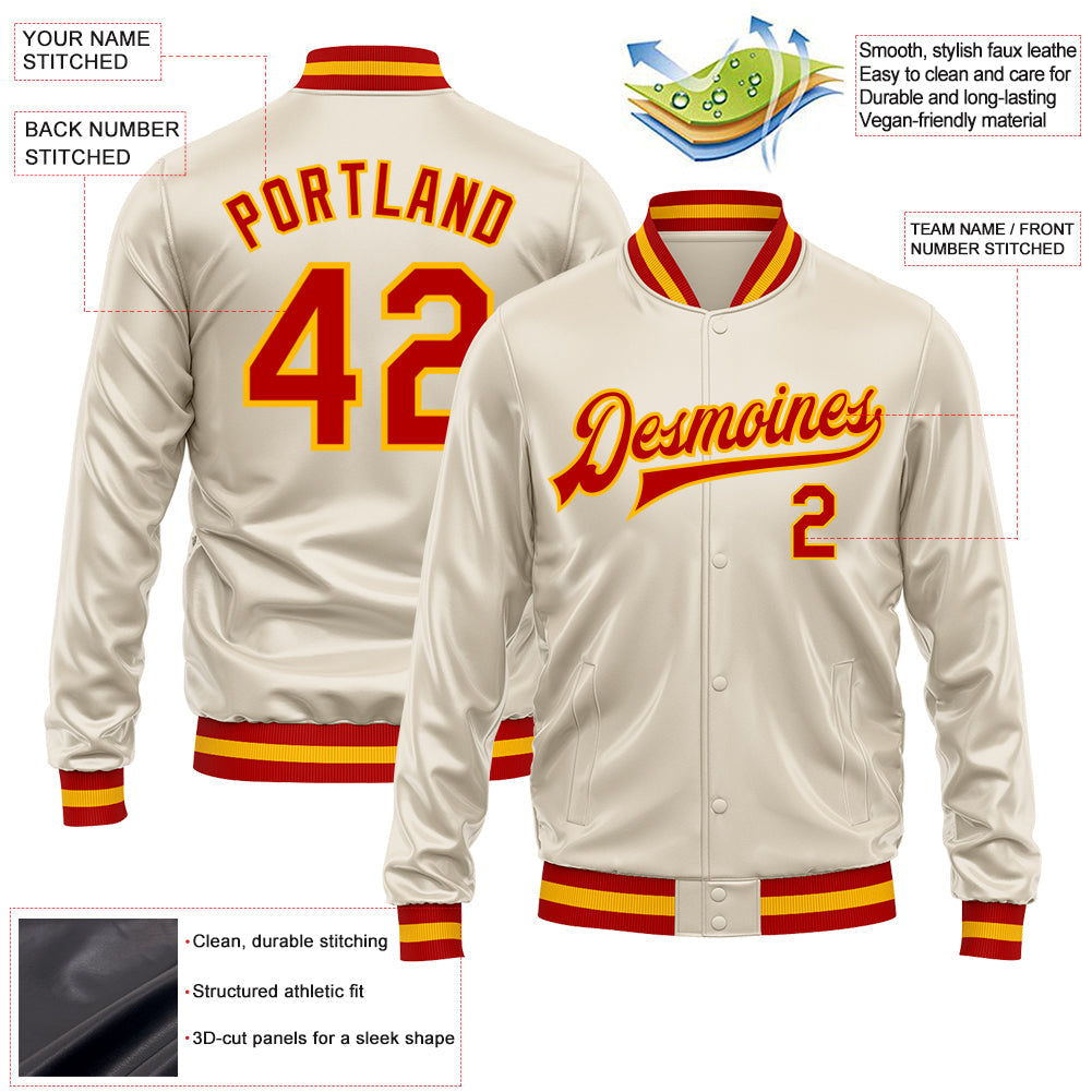 Custom Cream Red-Gold Bomber Full-Snap Varsity Faux Leather Letterman Jacket view 2