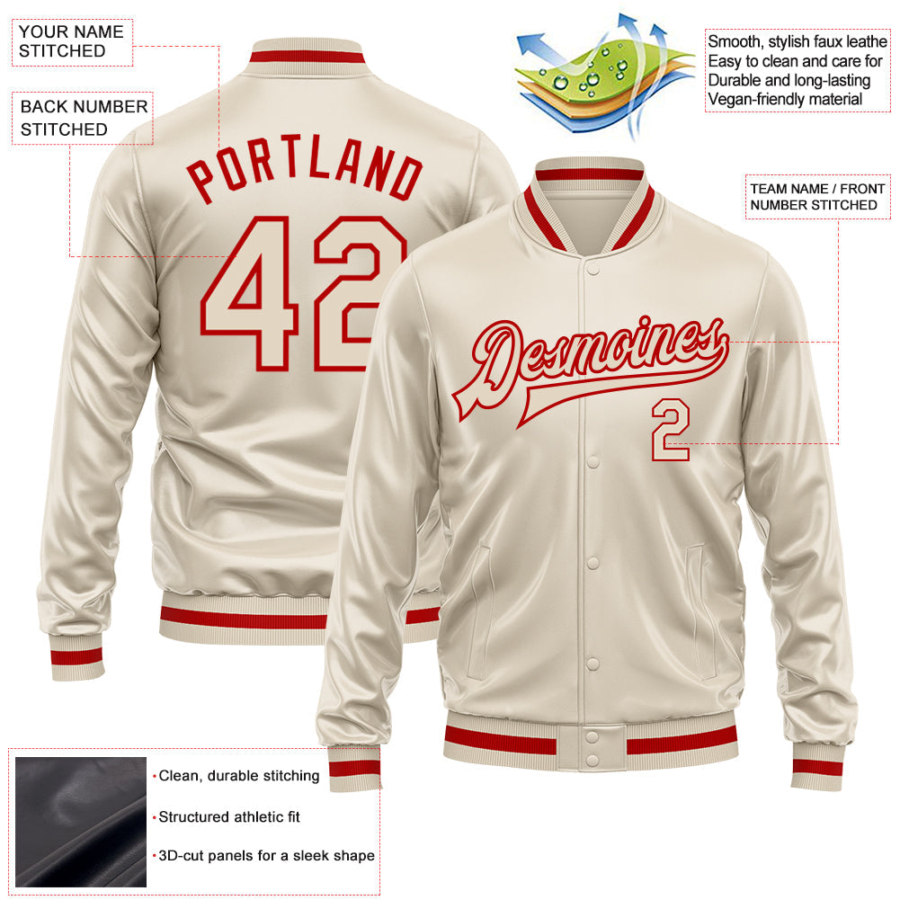 Custom Cream Cream-Red Bomber Full-Snap Varsity Faux Leather Letterman Jacket view 2